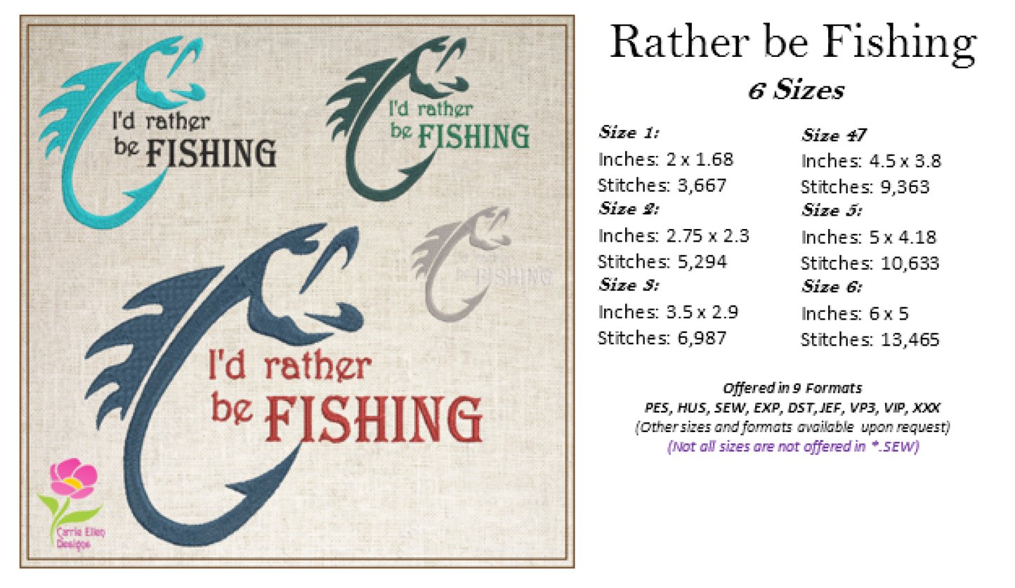 I’d Rather be Fishing Machine Embroidery Design, Sport Fishing Embroidery, Fish and Hook Design, Vocation Design Pattern, 6 Sizes (0495)