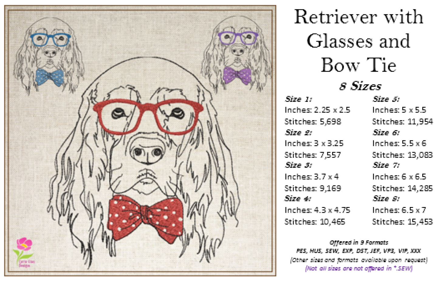 Retriever With Glasses Machine Embroidery Design | Cocker Spaniel Dog Wearing Glasses and Bow Tie | Cute Pet Embroidery Design | 8 Sizes (0801)