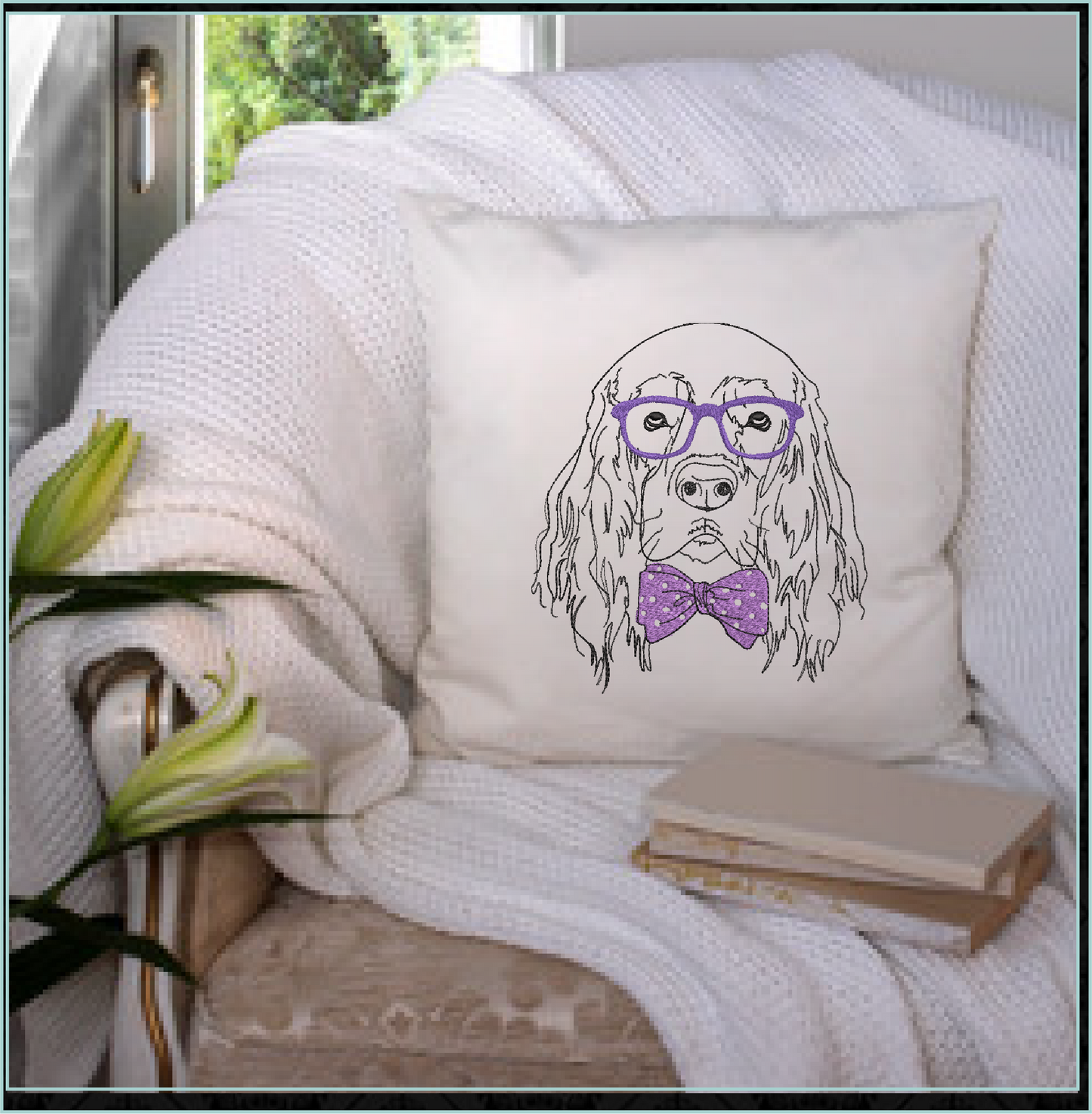 Retriever With Glasses Machine Embroidery Design | Cocker Spaniel Dog Wearing Glasses and Bow Tie | Cute Pet Embroidery Design | 8 Sizes (0801)