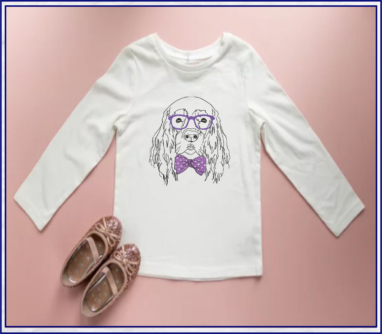 Retriever With Glasses Machine Embroidery Design | Cocker Spaniel Dog Wearing Glasses and Bow Tie | Cute Pet Embroidery Design | 8 Sizes (0801)