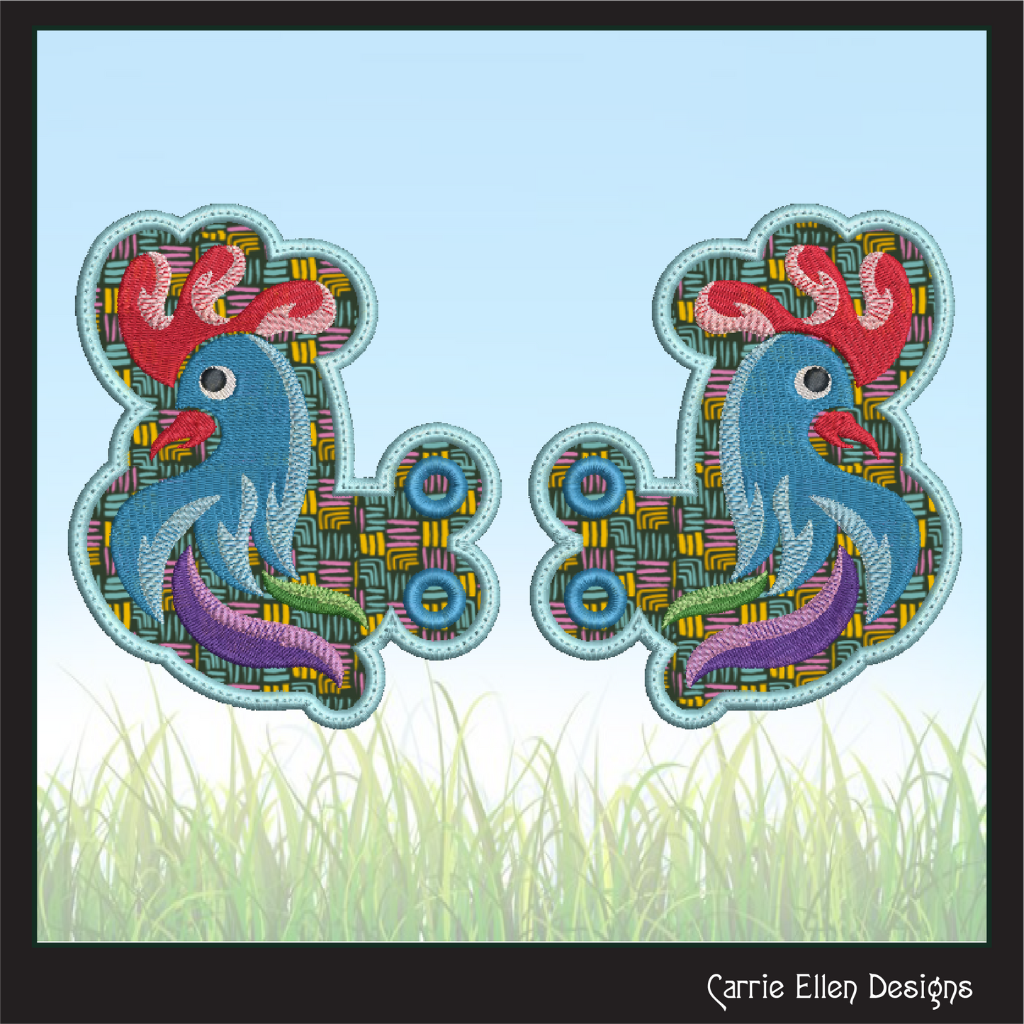 Rooster ITH Embroidery Design – Colorful Farm Bird Shoe Wings (4x4 & 5x7 Hoops) 2314