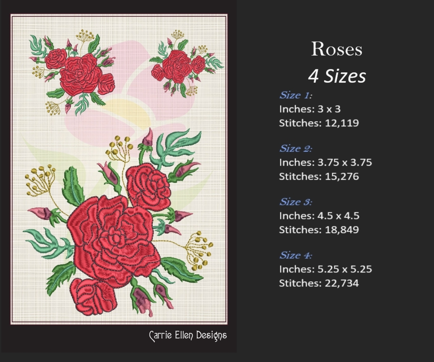 Roses Machine Embroidery Design – Red Floral Bouquet, Garden Flowers Pattern, 6 Sizes (1034)