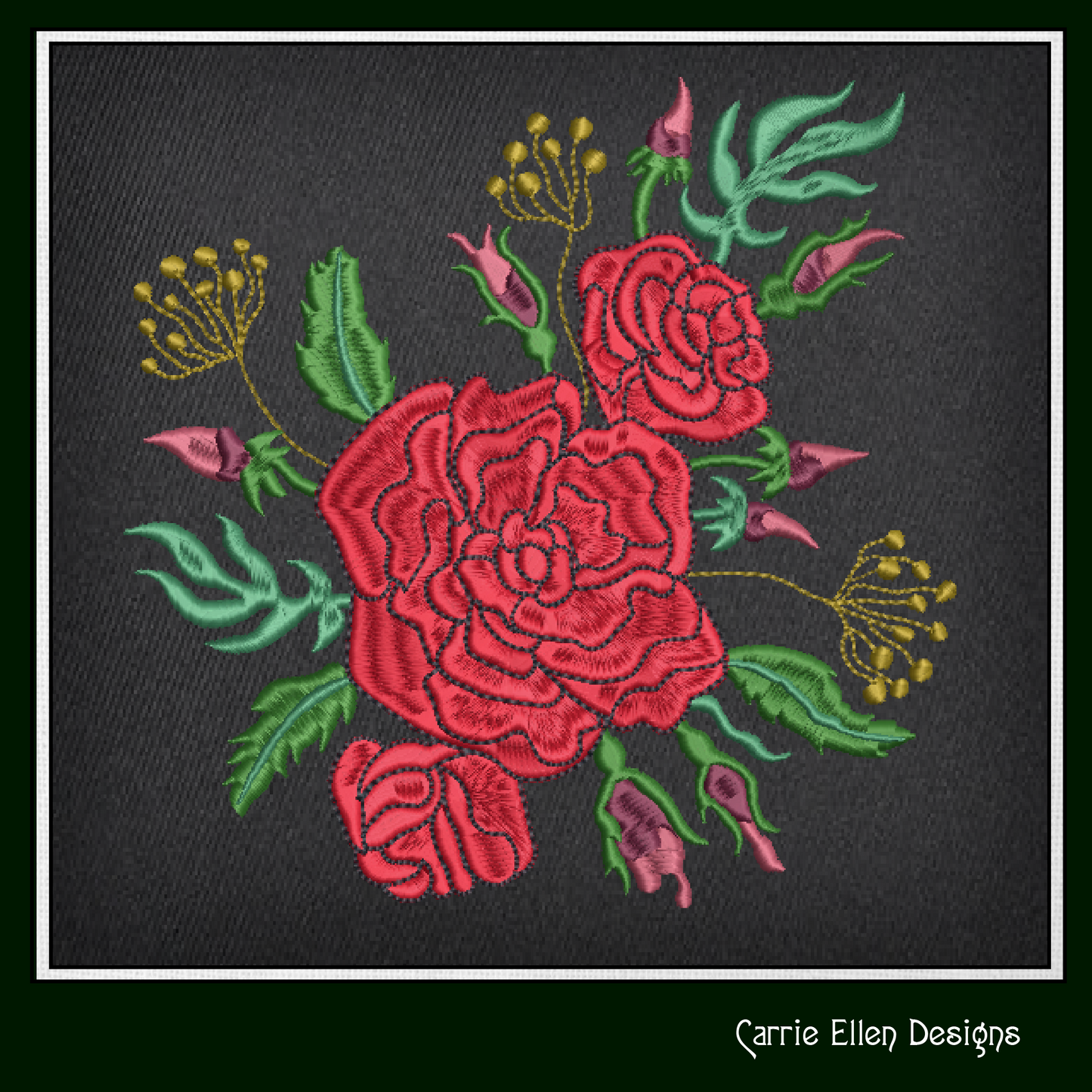 Roses Machine Embroidery Design – Red Floral Bouquet, Garden Flowers Pattern, 6 Sizes (1034)