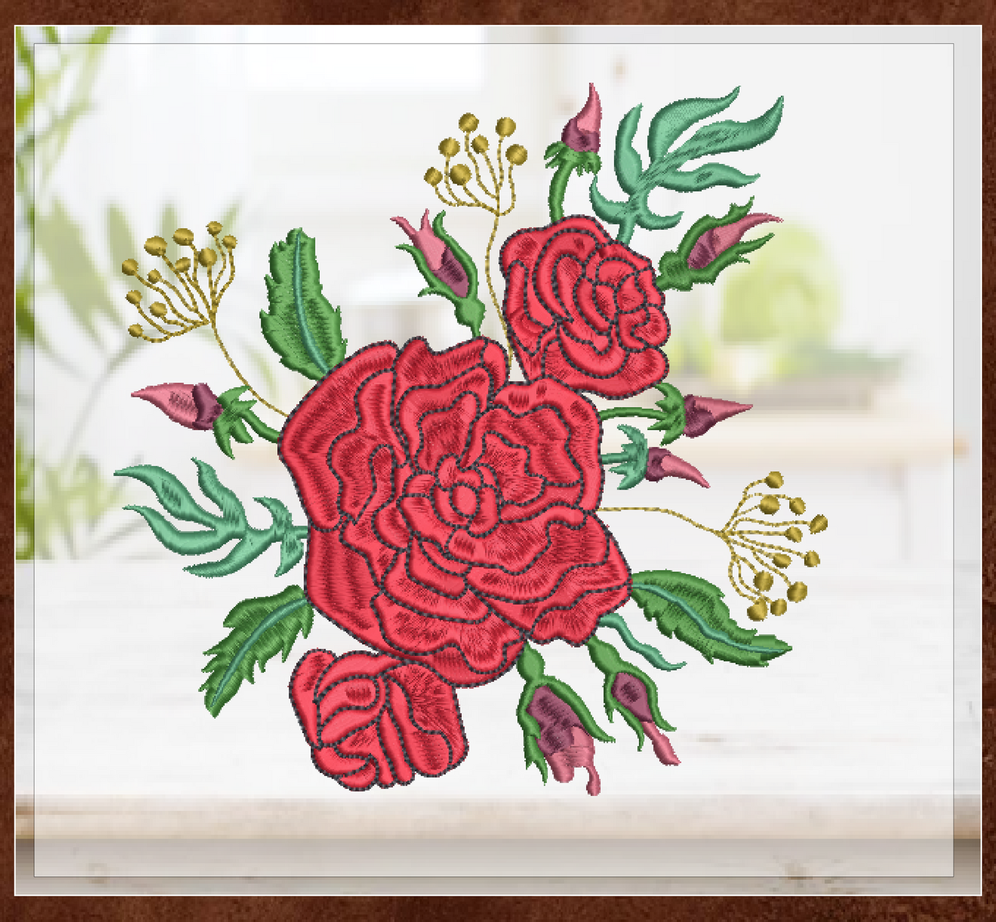 Roses Machine Embroidery Design – Red Floral Bouquet, Garden Flowers Pattern, 6 Sizes (1034)
