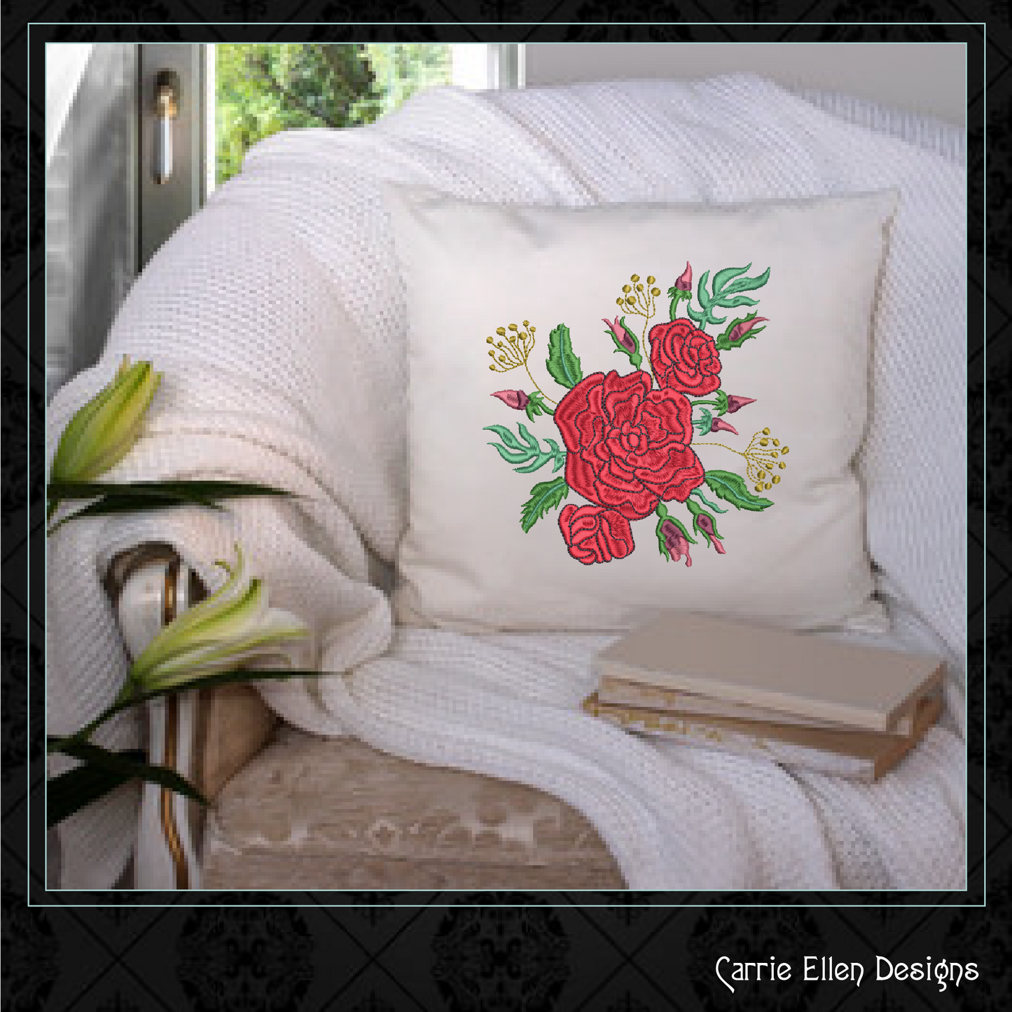 Roses Machine Embroidery Design – Red Floral Bouquet, Garden Flowers Pattern, 6 Sizes (1034)