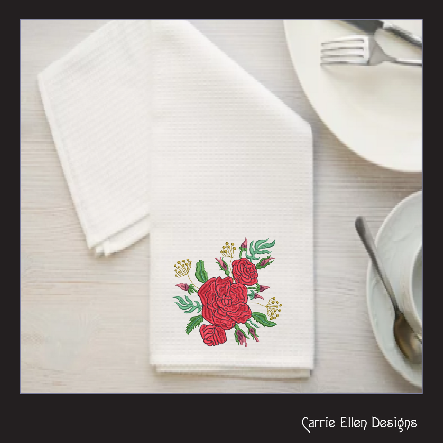 Roses Machine Embroidery Design – Red Floral Bouquet, Garden Flowers Pattern, 6 Sizes (1034)