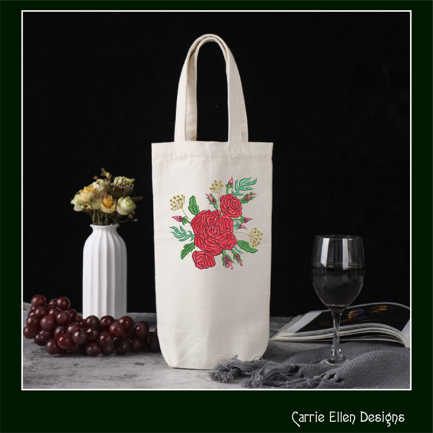 Roses Machine Embroidery Design – Red Floral Bouquet, Garden Flowers Pattern, 6 Sizes (1034)