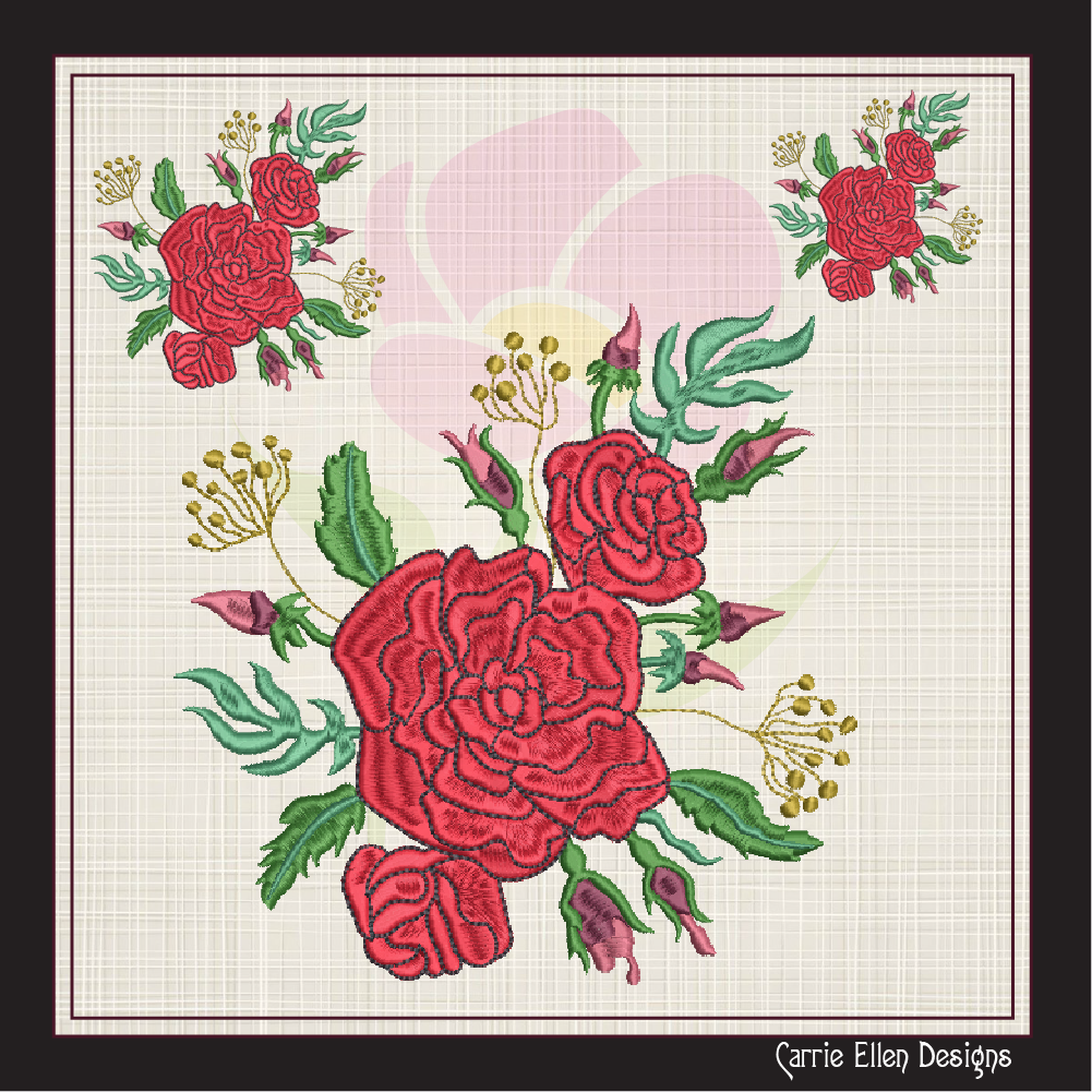 Roses Machine Embroidery Design – Red Floral Bouquet, Garden Flowers Pattern, 6 Sizes (1034)