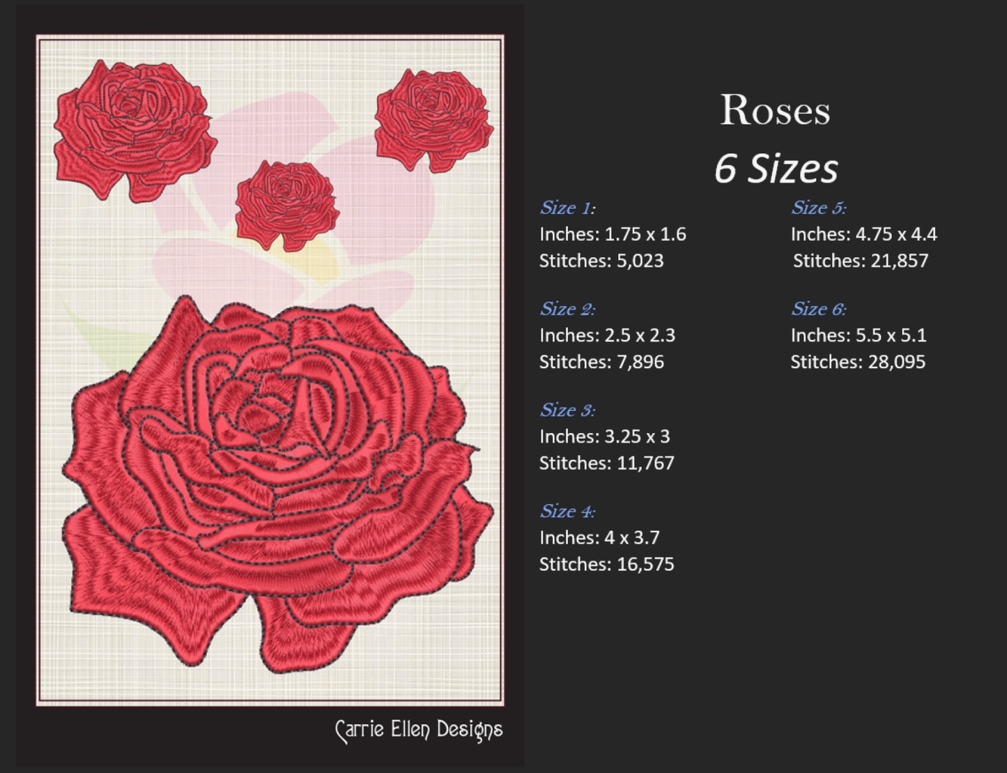 Roses Machine Embroidery Design – Elegant Red Floral Bouquet, Garden Rose Pattern, 6 Sizes (1035)
