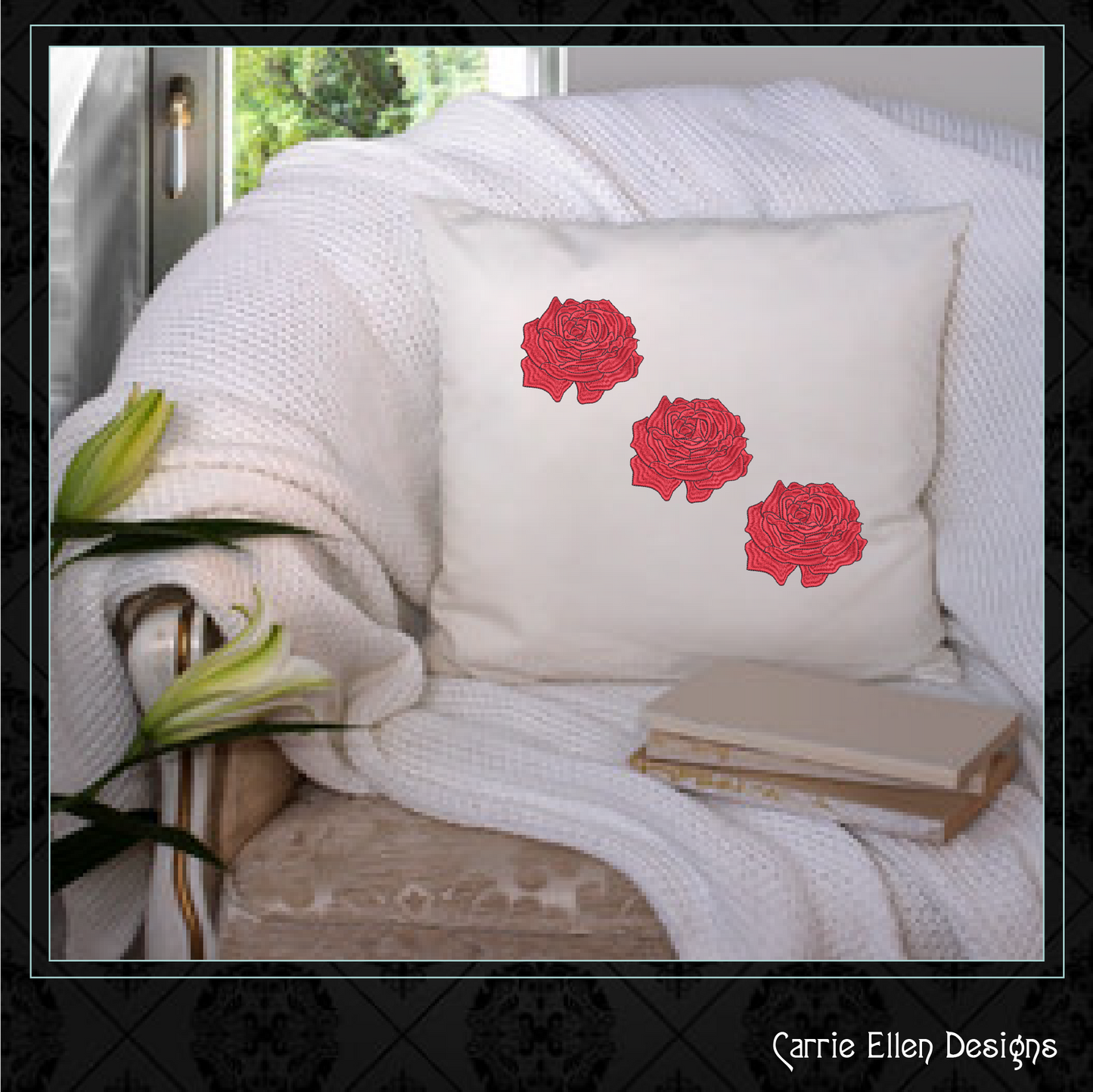 Roses Machine Embroidery Design – Elegant Red Floral Bouquet, Garden Rose Pattern, 6 Sizes (1035)