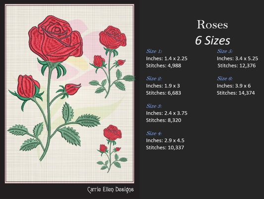 Roses Machine Embroidery Design – Single Red Rose Embroidery – Red Roses Garden Design – 6 Sizes (1036)