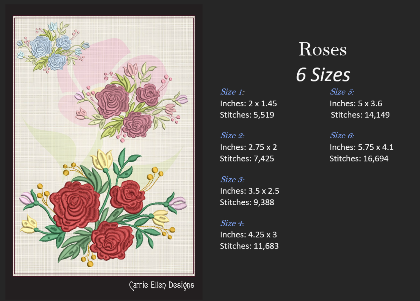 Roses Machine Embroidery Design – Floral Bouquet with Red Roses Garden, 6 Sizes (1038)