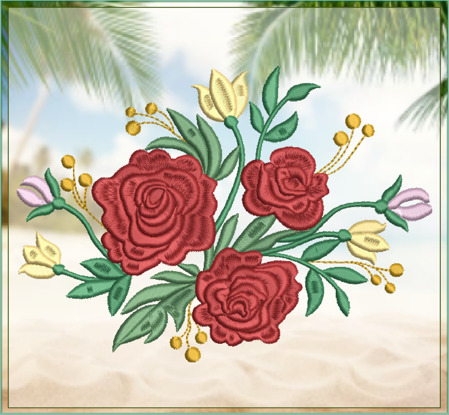 Roses Machine Embroidery Design – Floral Bouquet with Red Roses Garden, 6 Sizes (1038)
