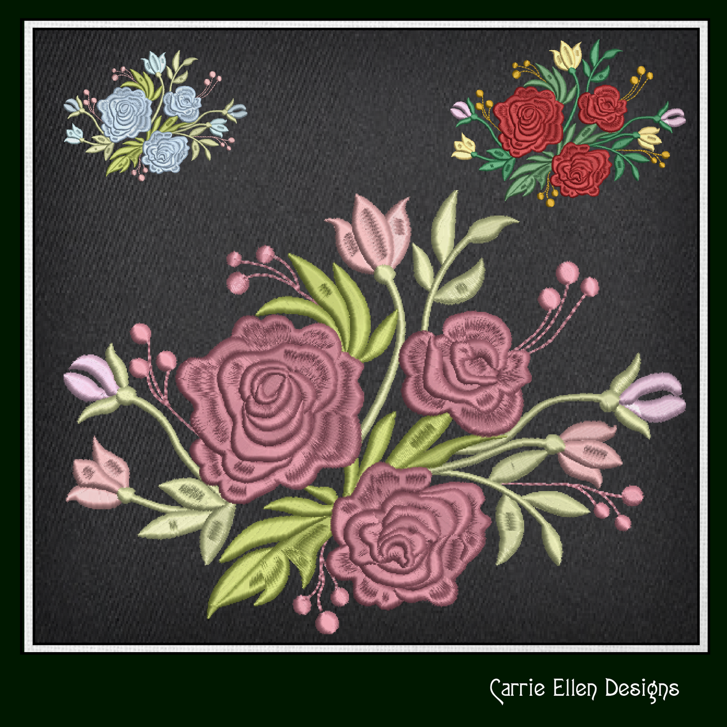 Roses Machine Embroidery Design – Floral Bouquet with Red Roses Garden, 6 Sizes (1038)