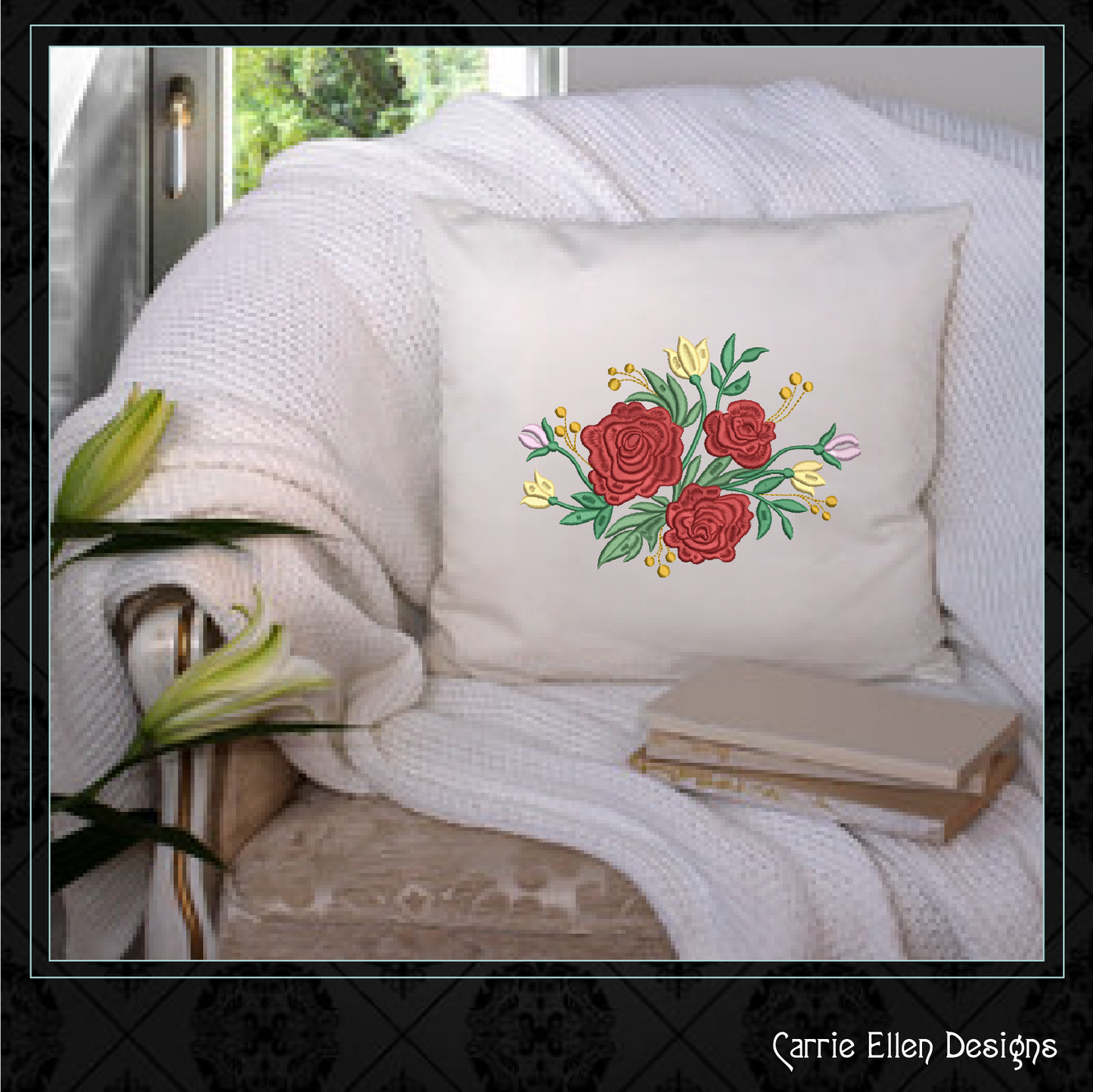 Roses Machine Embroidery Design – Floral Bouquet with Red Roses Garden, 6 Sizes (1038)