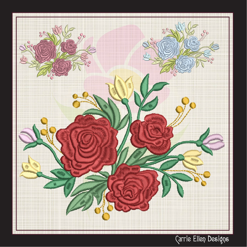 Roses Machine Embroidery Design – Floral Bouquet with Red Roses Garden, 6 Sizes (1038)