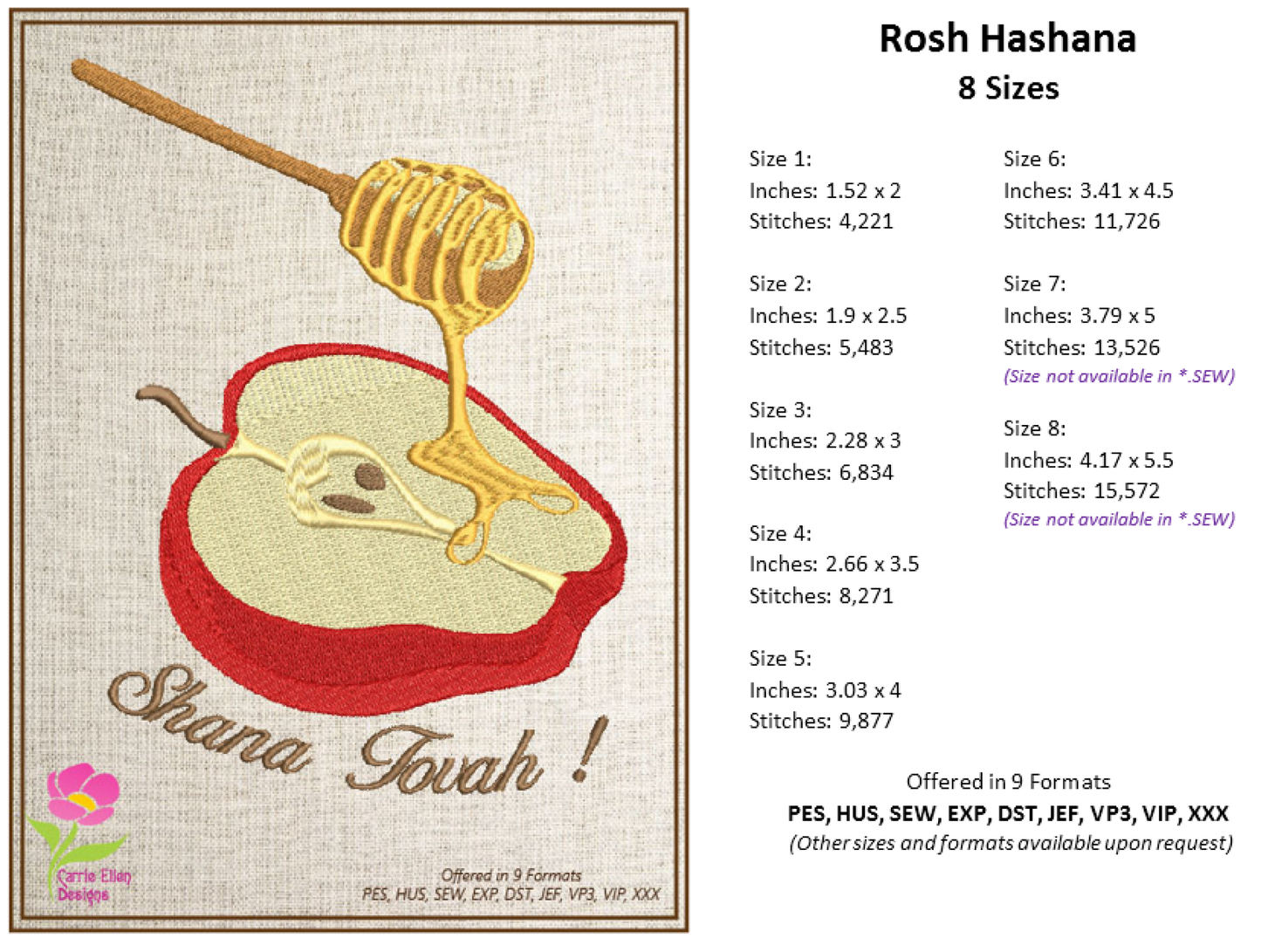 Rosh Hashana Machine Embroidery Design – Shana Tova Jewish Holiday Pattern – Judaica New Year Embroidery – 8 Sizes (0159)