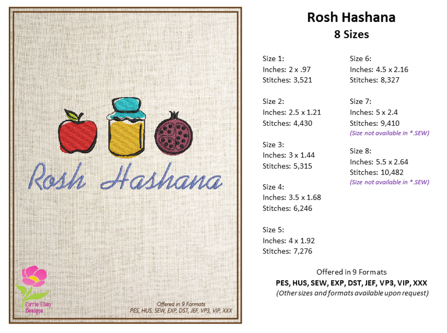 Rosh Hashana Machine Embroidery Design – Shana Tova Jewish New Year Embroidery – Judaica Holiday Pattern – 8 Sizes (0161)