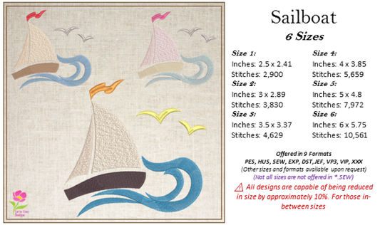 Sailboat Machine Embroidery Design | Coastal Beach Sailing Pattern | Ocean Waves Nautical Embroidery | 6 Sizes (0540)