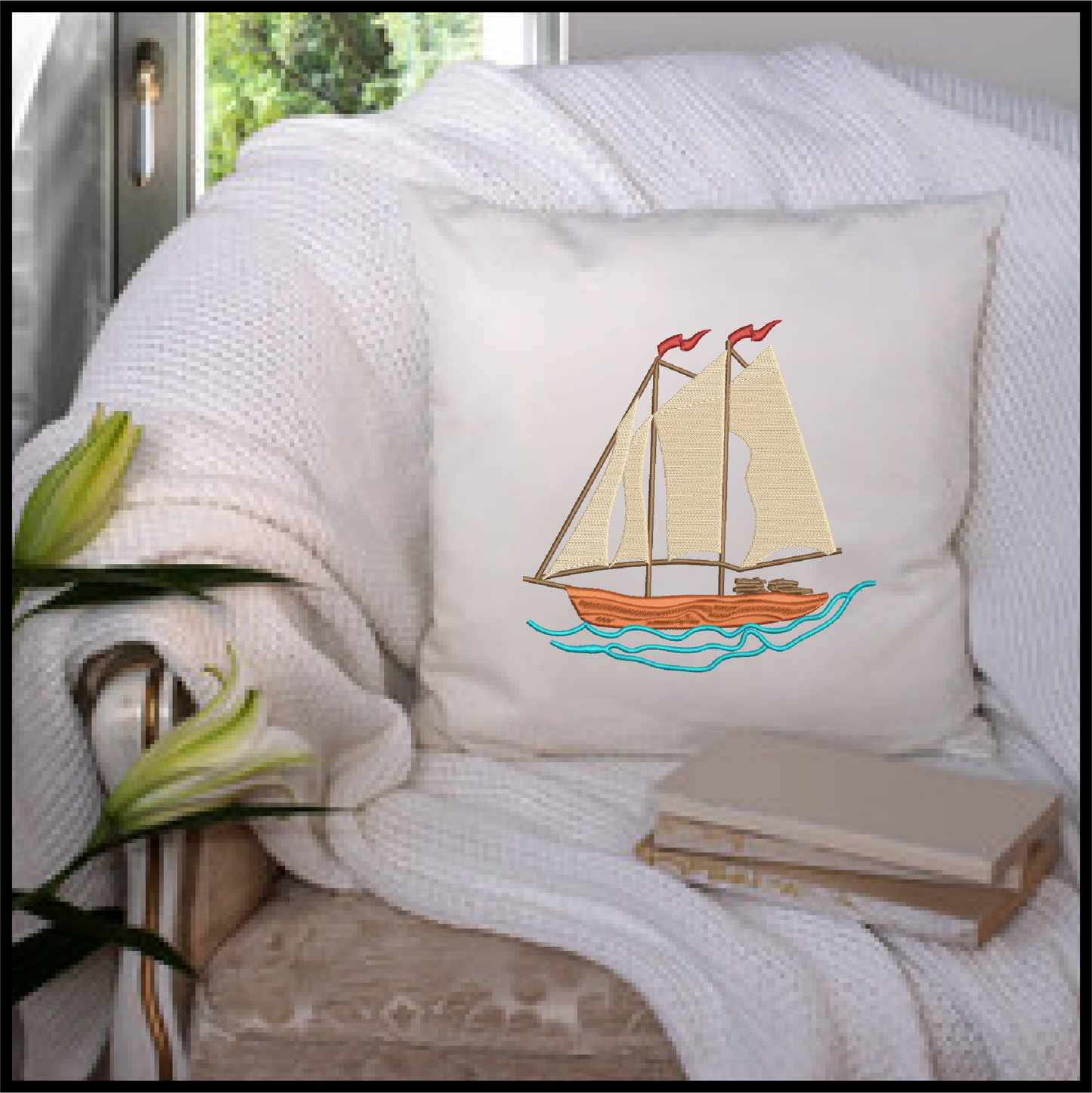 Sailboat Machine Embroidery Design | Schooner on the Ocean Stitch File | Coastal Beach Transportation Pattern | 8 Sizes (0653)