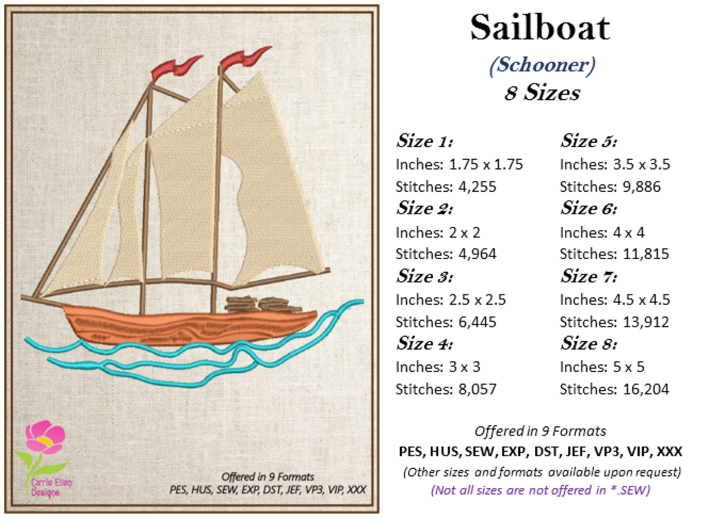 Sailboat Machine Embroidery Design | Schooner on the Ocean Stitch File | Coastal Beach Transportation Pattern | 8 Sizes (0653)