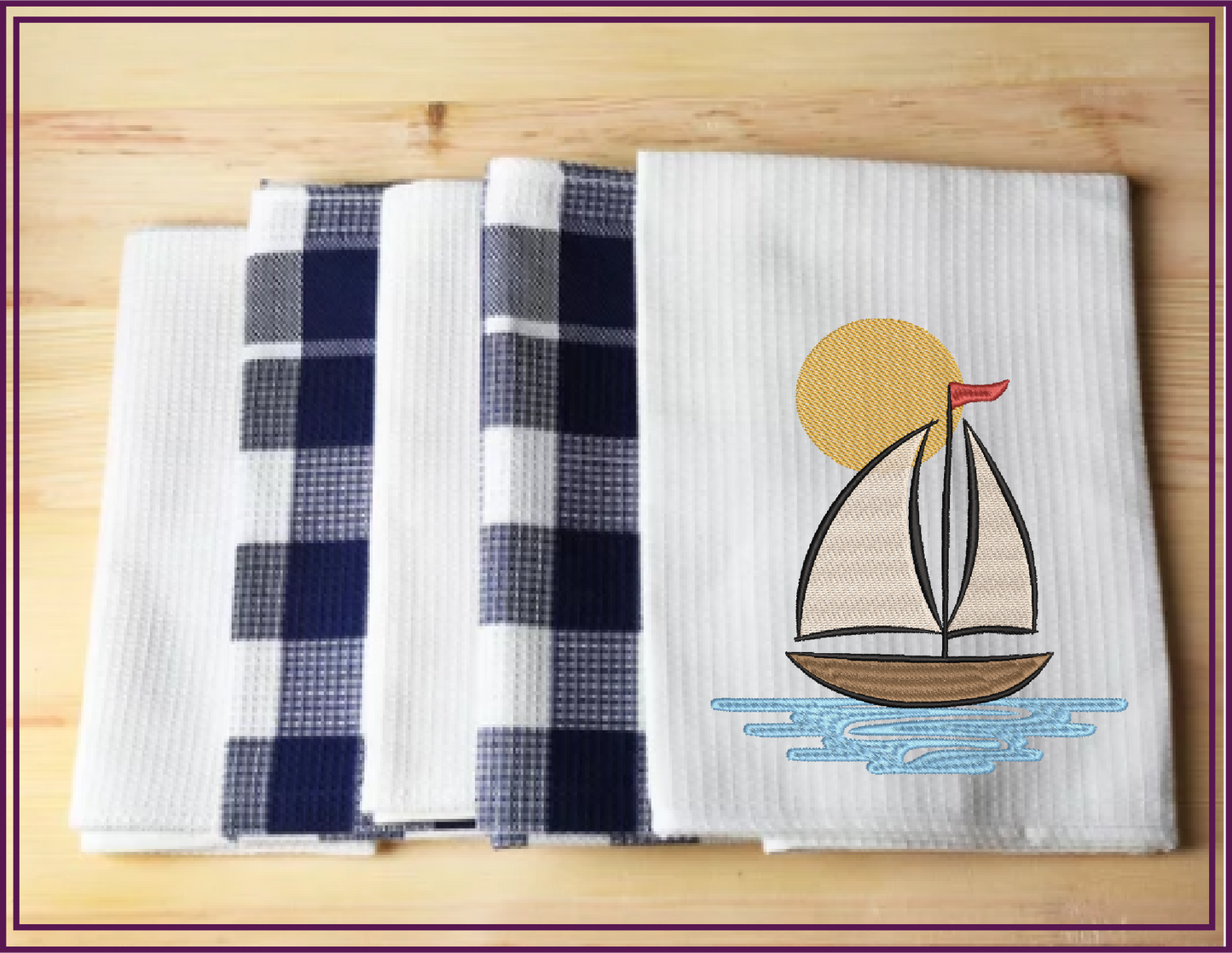 Sailboat at Sunset Machine Embroidery Design | Kids Nautical Embroidery Pattern | Baby Bib, Onesie, Towel Design | 6 Sizes (0654)