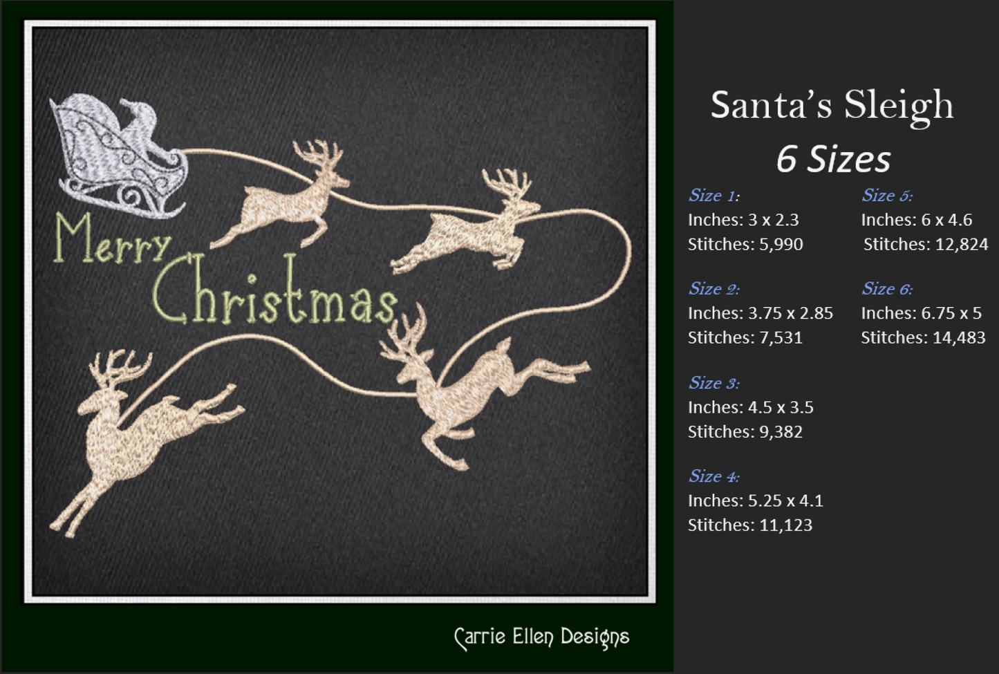 Christmas Machine Embroidery Design – Santa’s Sleigh and Reindeer Holiday Pattern – 6 Festive Sizes (1175)