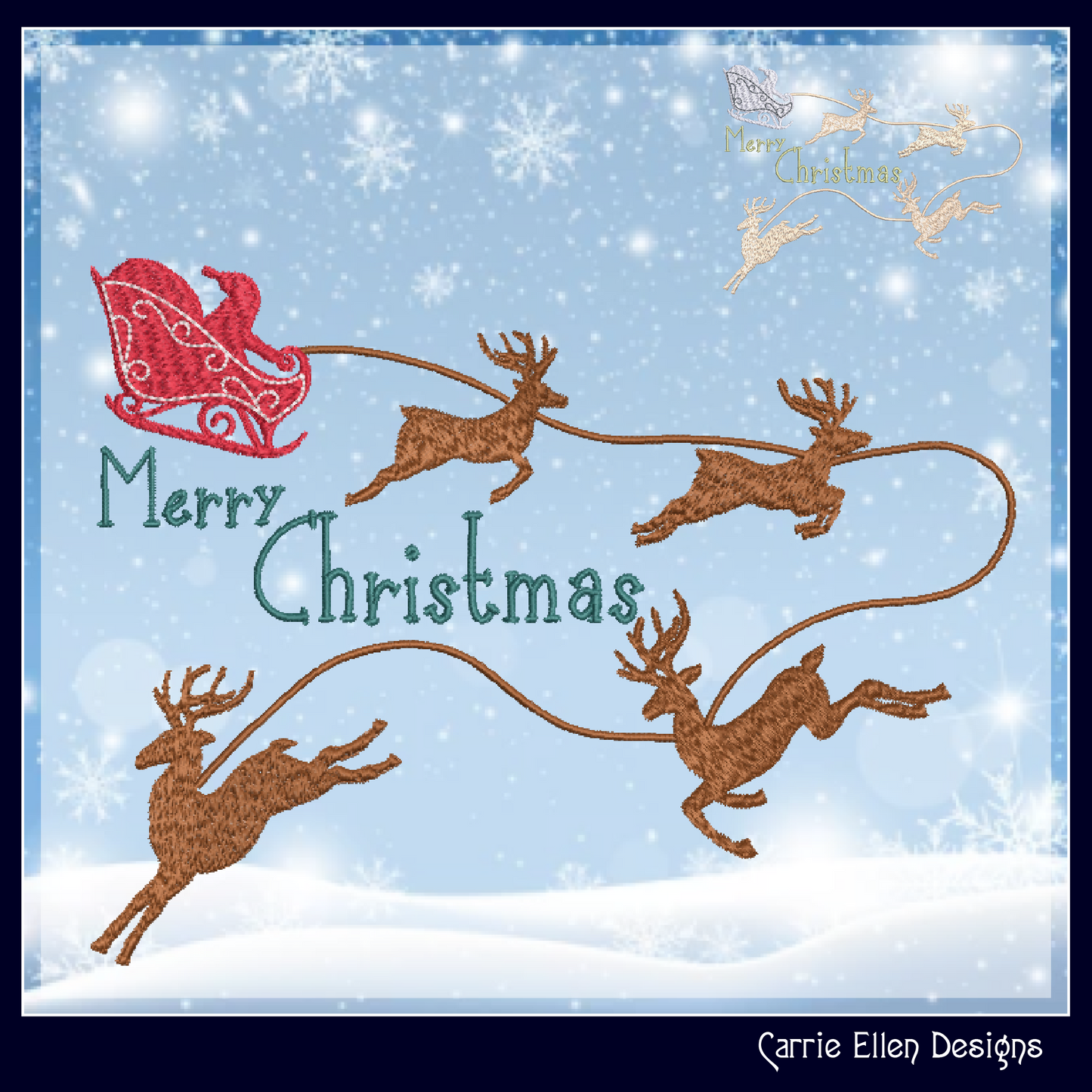 Christmas Machine Embroidery Design – Santa’s Sleigh and Reindeer Holiday Pattern – 6 Festive Sizes (1175)