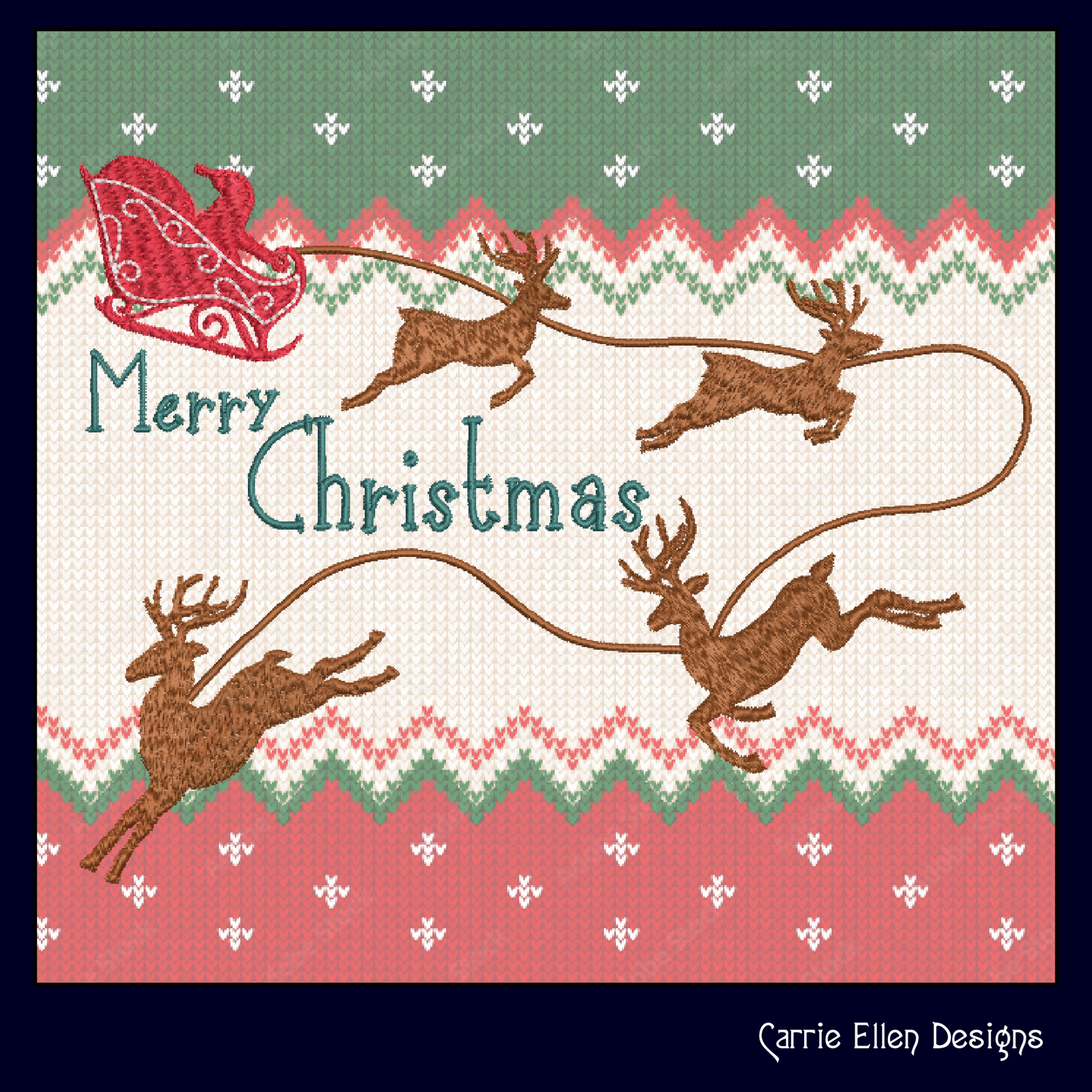 Christmas Machine Embroidery Design – Santa’s Sleigh and Reindeer Holiday Pattern – 6 Festive Sizes (1175)