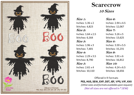 Scarecrow Machine Embroidery Design | Pumpkin Head Halloween Embroidery | Scarecrow Says Boo | 10 Sizes (0638)