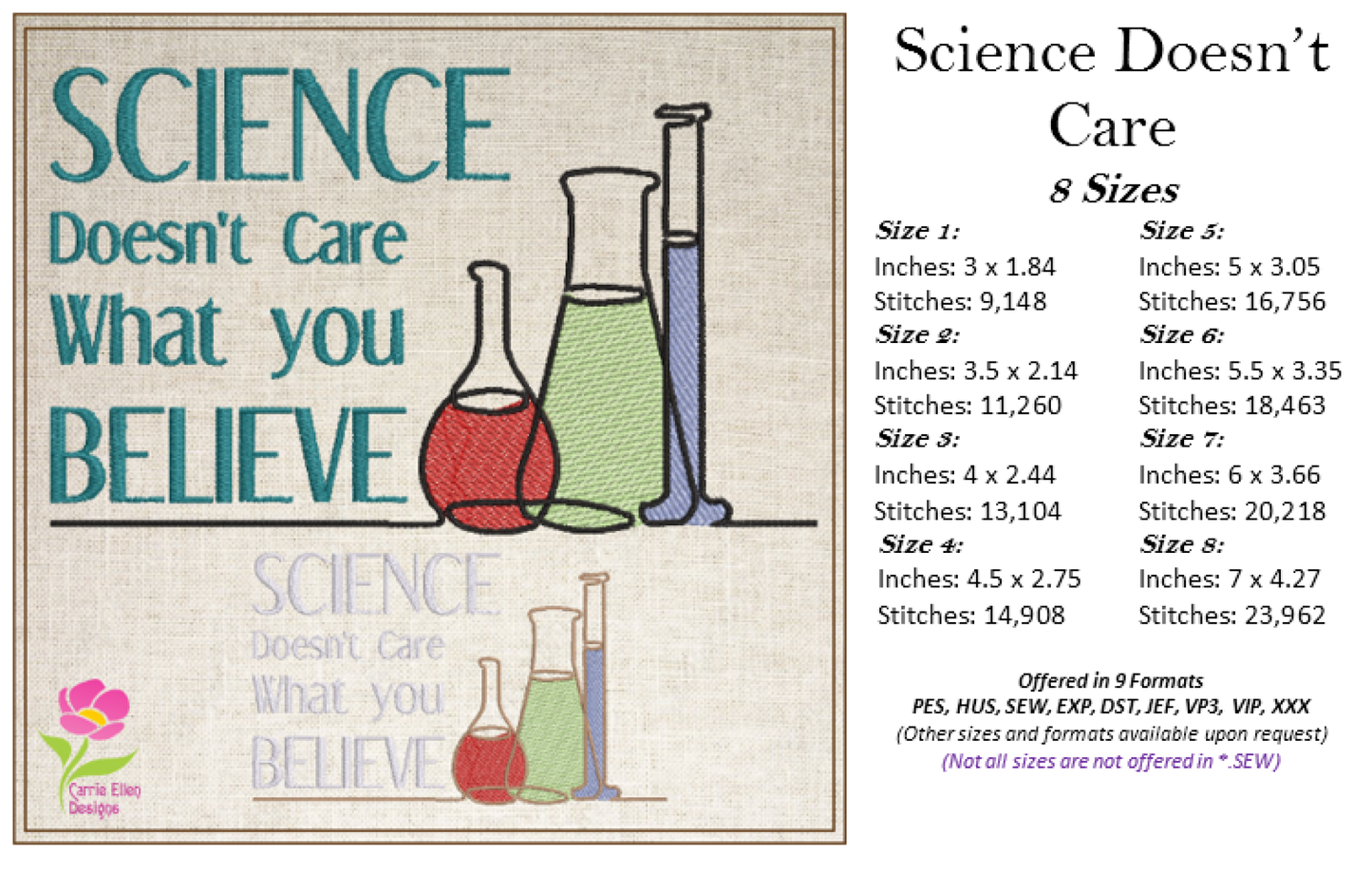 Science Doesn’t Care Machine Embroidery Design, Believe Science Sayings Embroidery Design, Embroidered Sayings Design, 8 Sizes (0382)