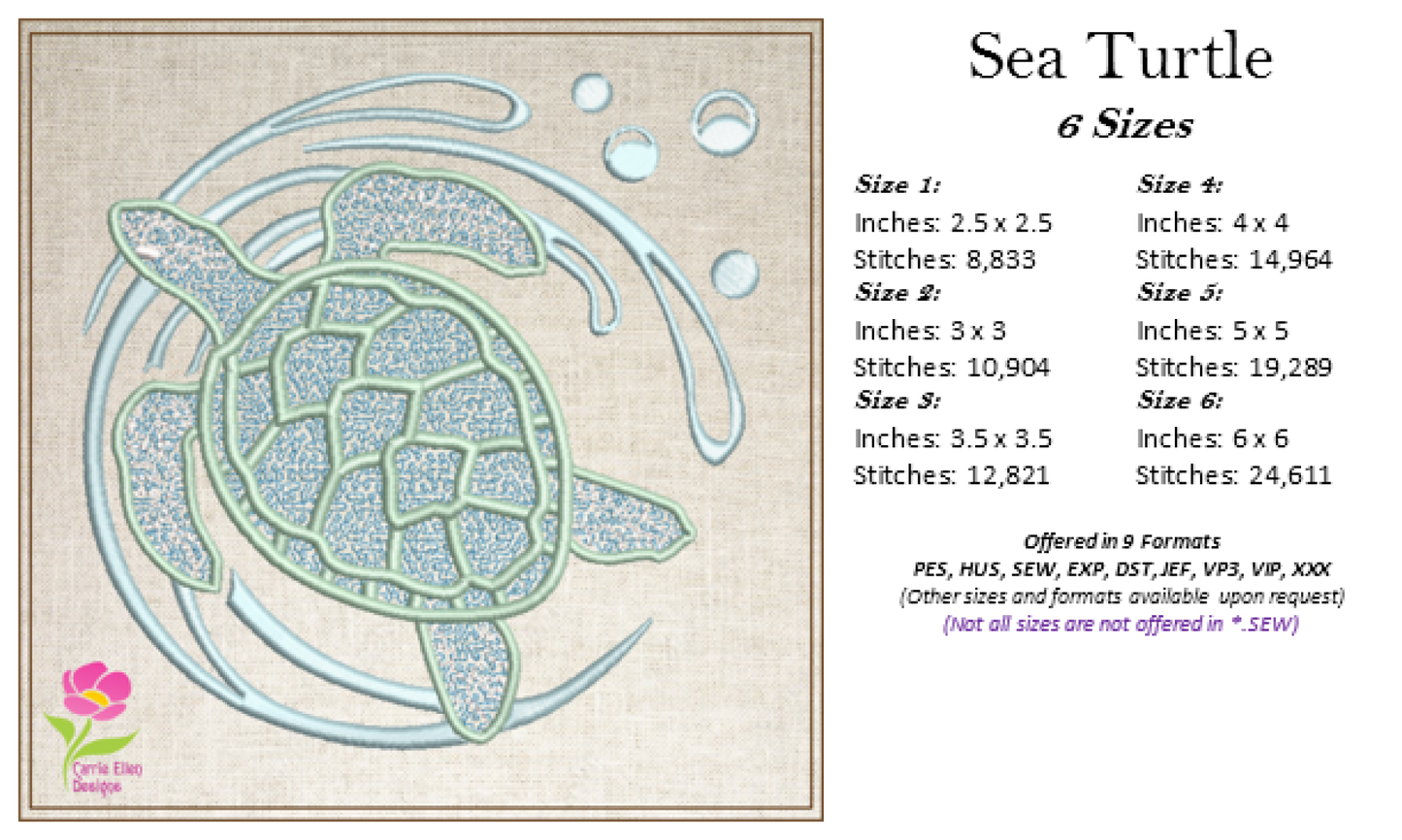 Sea Turtle Machine Embroidery Design – Ocean Tortoise Marine Animal Stitch File, 6 Sizes (0151)
