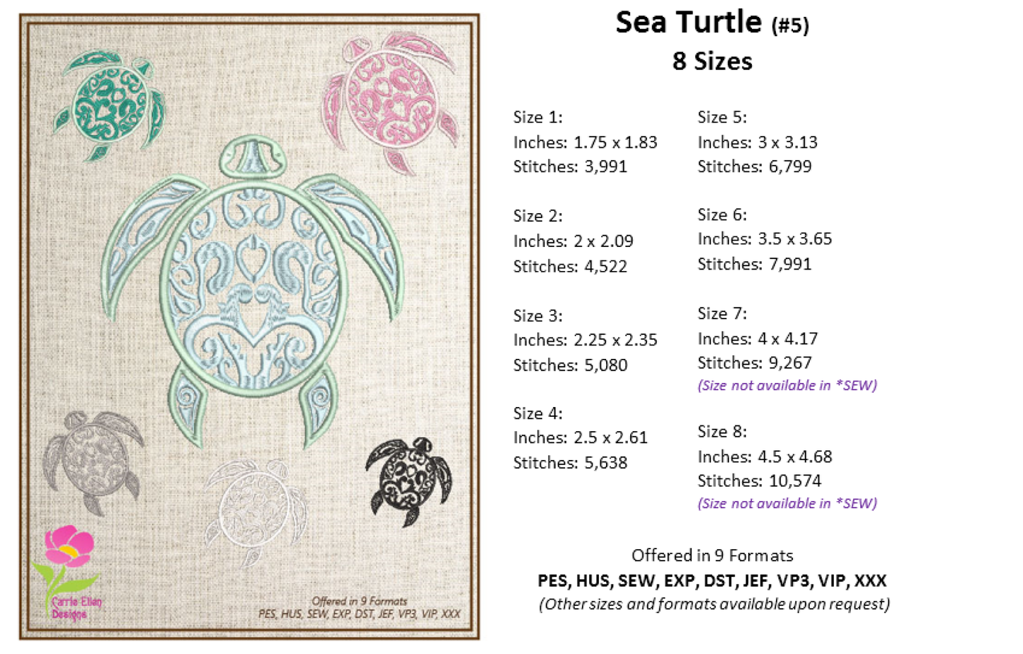 Sea Turtle machine Embroidery Design, Sea Turtle Tattoo, Machine Embroidery Design, Animal Embroidery, Reptile Embroidery, 8 Sizes (0300)