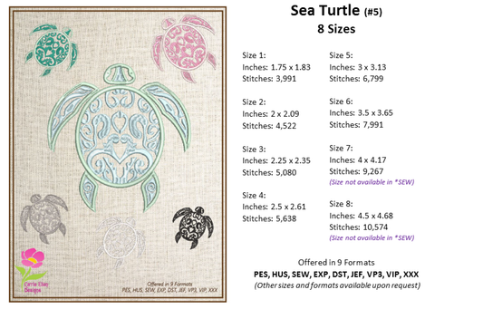 Sea Turtle machine Embroidery Design, Sea Turtle Tattoo, Machine Embroidery Design, Animal Embroidery, Reptile Embroidery, 8 Sizes (0300)