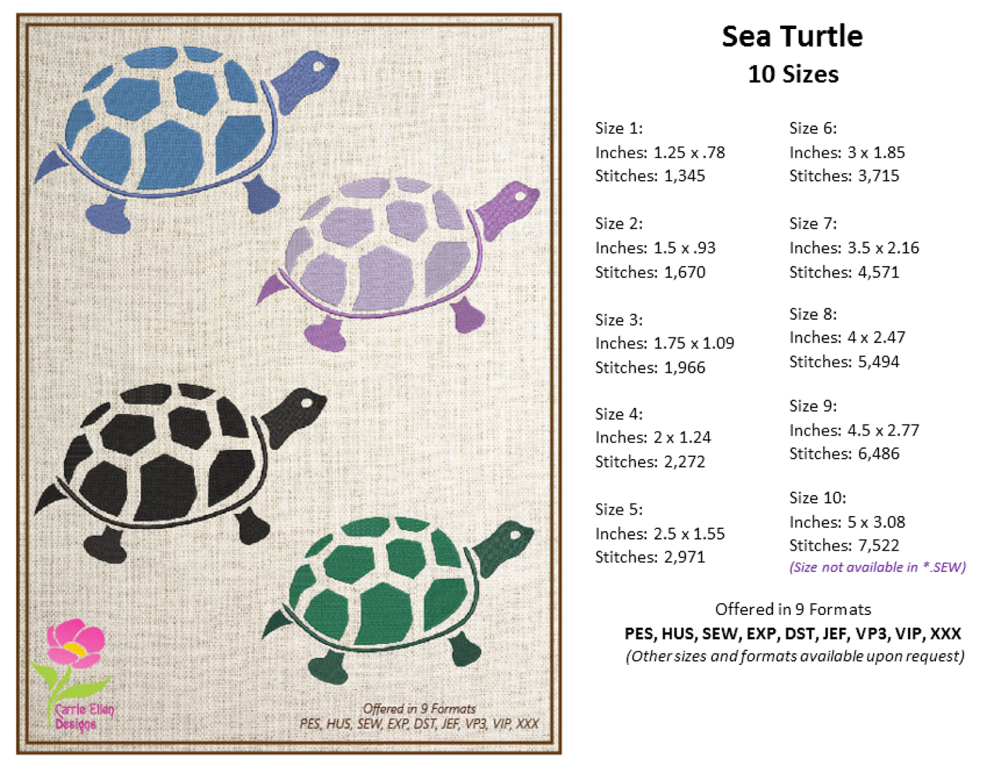 Turtle Machine Embroidery Design – Land Tortoise & Marine Animal Stitch File, 10 Sizes (0309)