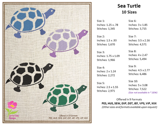 Turtle Machine Embroidery Design – Land Tortoise & Marine Animal Stitch File, 10 Sizes (0309)