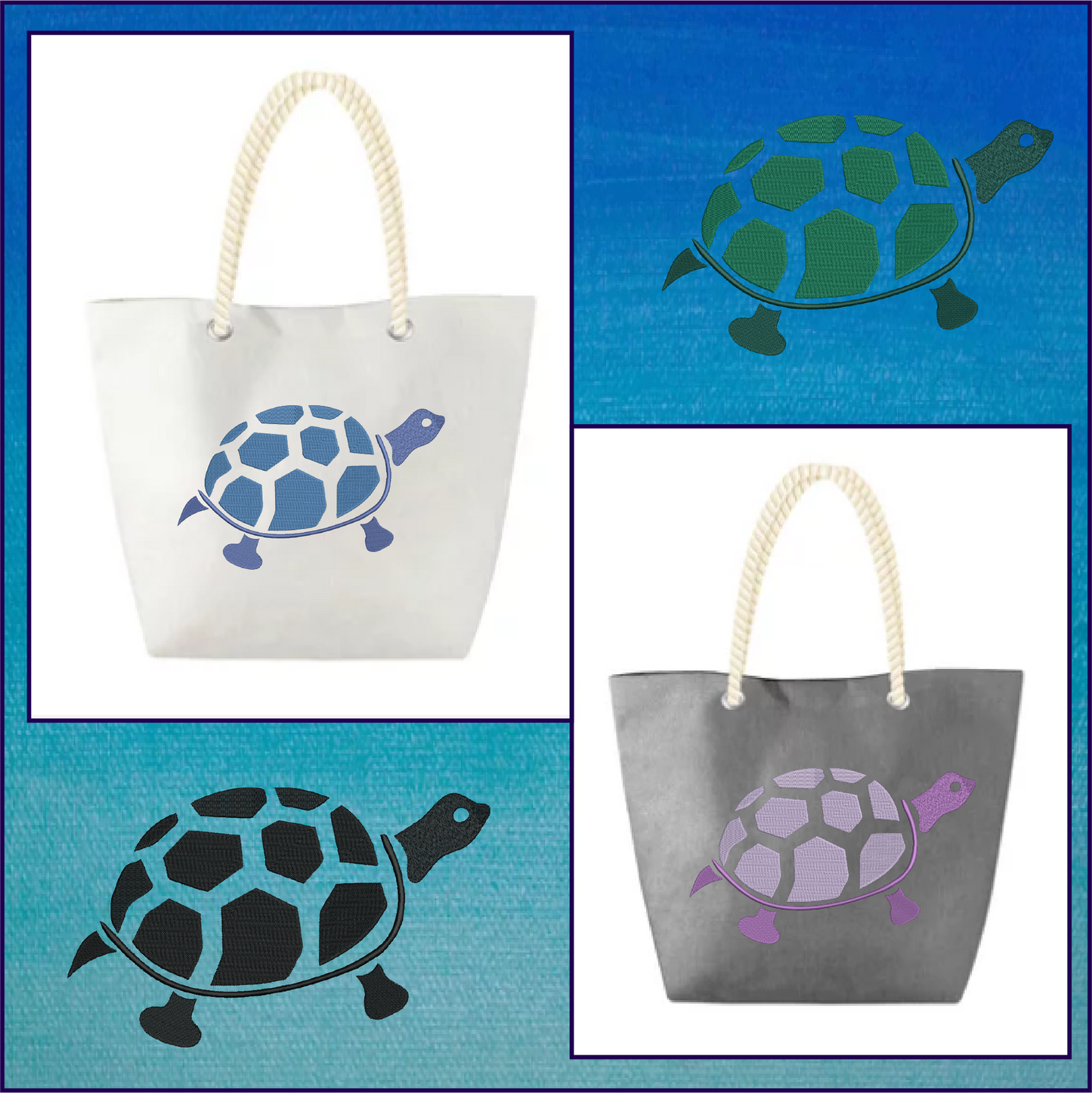 Turtle Machine Embroidery Design – Land Tortoise & Marine Animal Stitch File, 10 Sizes (0309)