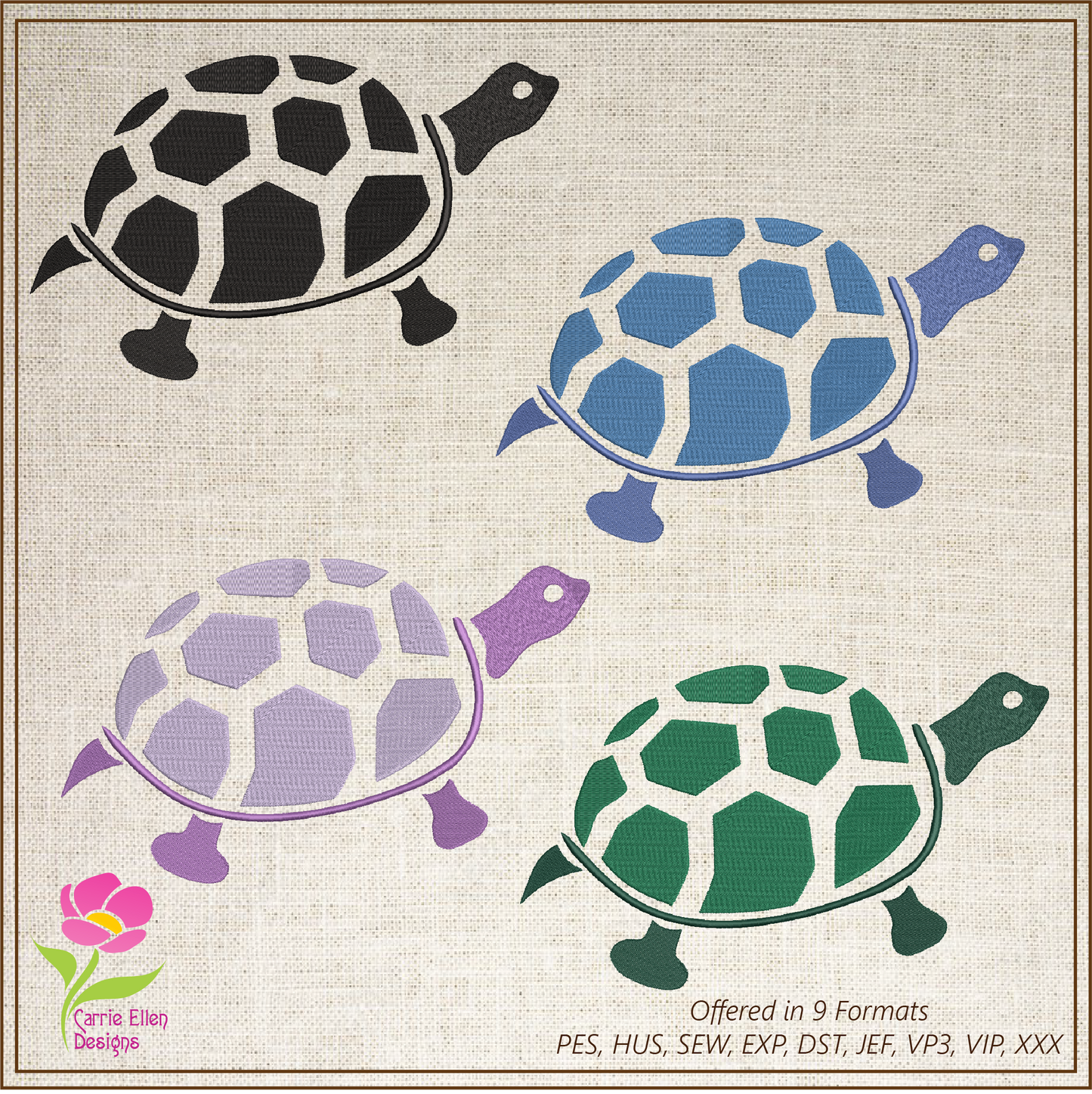 Turtle Machine Embroidery Design – Land Tortoise & Marine Animal Stitch File, 10 Sizes (0309)