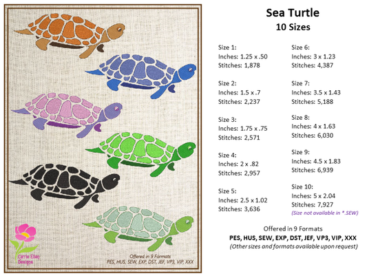 Turtle Machine Embroidery Design – Land Tortoise & Marine Animal Stitch File, 10 Sizes (0313)