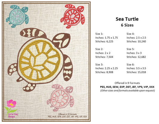 Sea Turtle Machine Embroidery Design – Ocean Tortoise Animal Pattern, Marine Animal, 6 Sizes (0493)