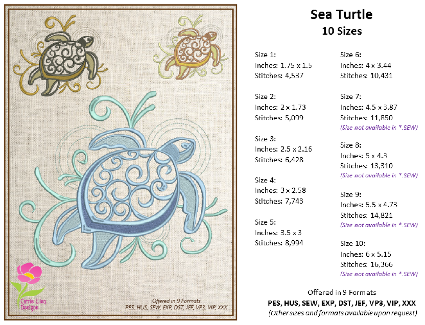 Sea Turtle Embroidery Design, Turtle Embroidery Design, Machine Embroidery Design, Sea Life Design, 10 Sizes (0177)