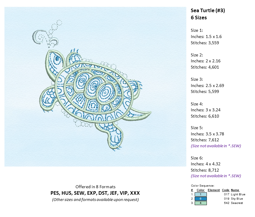 Sea Turtle Embroidery Design Bundle, Turtle Embroidery Design, Machine Embroidery Design, Sea Life Design, 8 Individual Designs (0357)