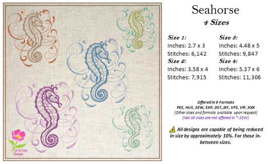 Seahorse Machine Embroidery Design – Ocean Sea Life Marine Animal Stitch File, 4 Sizes (0302)
