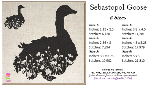 Sebastopol Goose Machine Embroidery Design | Goose Silhouette with Flowers | Wildflower Goose Embroidery | 6 Sizes (0750)