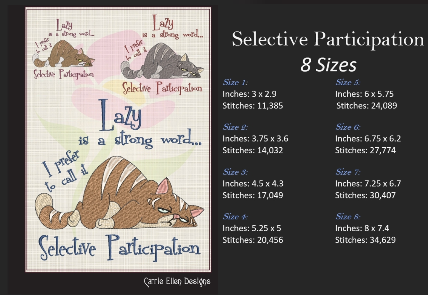 Lazy Cat Selective Participation Machine Embroidery Design Saying – Funny Sleepy Kitty, Grumpy Cat Quote, 8 Sizes (1012)