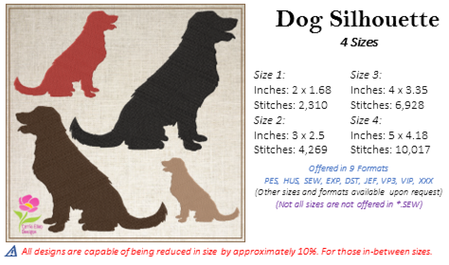 Sitting Dog Silhouette Machine Embroidery Design | Pet Animal Embroidery Design | 4 Sizes (0579)