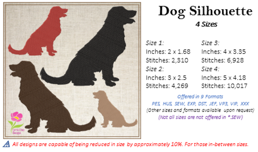 Sitting Dog Silhouette Machine Embroidery Design | Pet Animal Embroidery Design | 4 Sizes (0579)