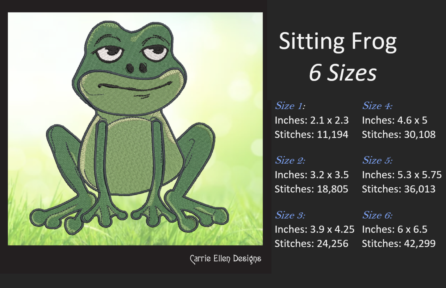 Sitting Frog Machine Embroidery Design – Cute Cartoon Frog Pattern – 6 Sizes (1584)