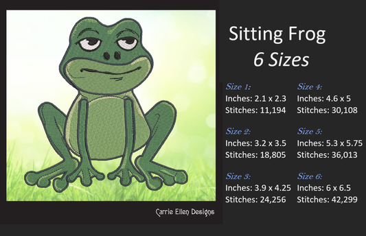 Sitting Frog Machine Embroidery Design – Cute Cartoon Frog Pattern – 6 Sizes (1584)