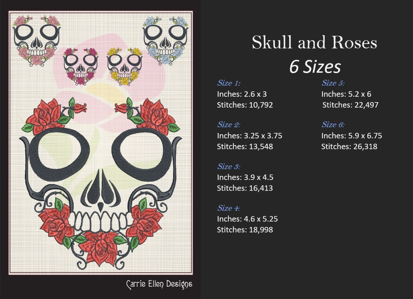 Skull with Roses Machine Embroidery Design | Sugar Skull Day of the Dead Pattern | Dia de Los Muertos Embroidery | 6 Sizes (1041)